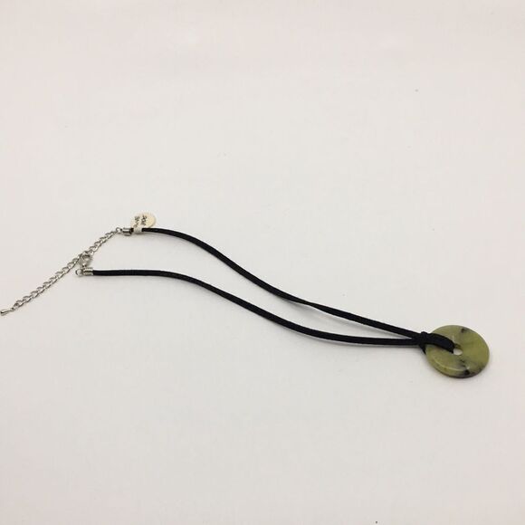 Olive Jade Disc Necklace on Black Suede Cord with silver tone hardware - Picture 5 of 16